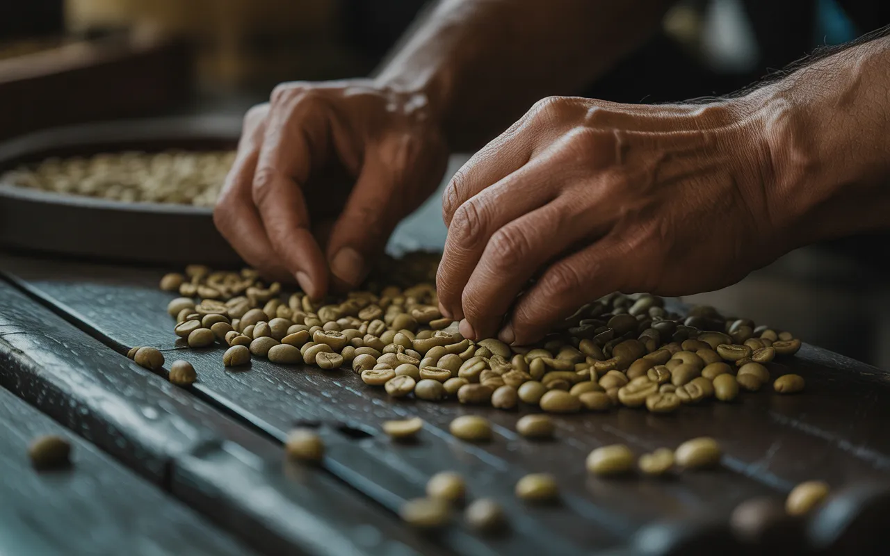Hand sorting coffee beans